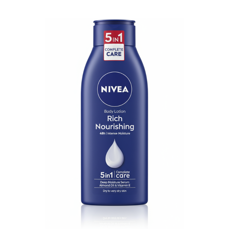 NIVEA Rich Nourishing Body Lotion (5in1 Complete Care) with Deep Moisture Serum, Almond Oil & Vitamin E – for Dry to Very Dry Skin