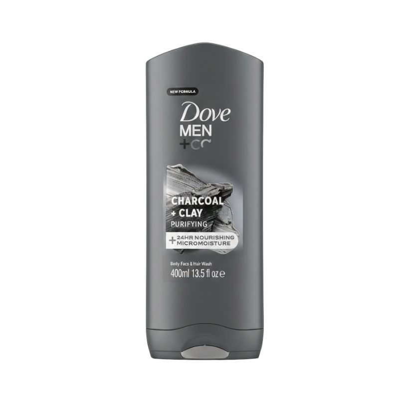 Dove Men+Care Charcoal + Clay Purifying Body, Face & Hair Wash – with 24HR Nourishing MicroMoisture, 400 ml