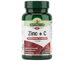 Natures Aid Zinc + Vitamin C Peppermint Flavor Lozenges (with Rosehips),30 Lozenges