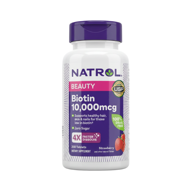 Natrol Beauty Biotin 10,000mcg 4X Faster Dissolve Strawberry Tablets, 250 Count