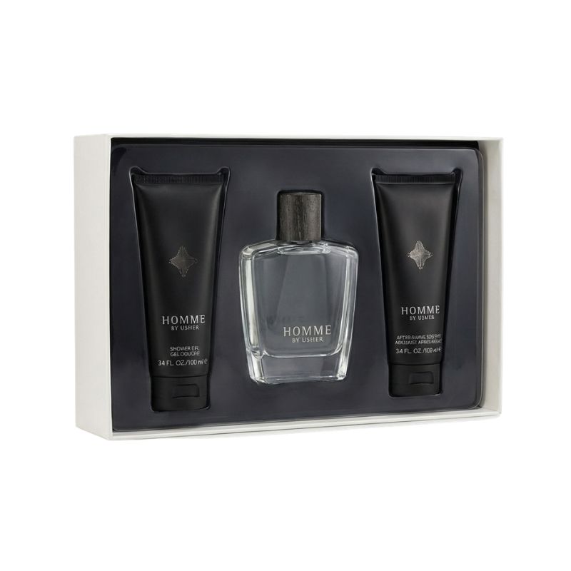 Homme By Usher Men's Luxury Fragrance Grooming Gift Set Eau de Parfum: 3.4 FL OZ / 100ml (matching set sizing) Shower Gel: 3.4 FL OZ / 100ml After Shave Balm: 3.4 FL OZ / 100ml