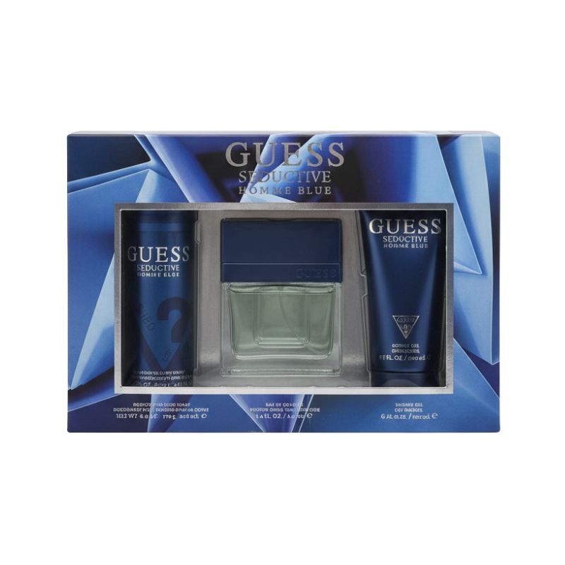 Guess Seductive Homme Blue 3-Piece Men's Grooming Gift SetEau de Toilette: 2.5 FL OZ / 75 ml Deodorant Body Spray: 6 OZ / 170 g Shower Gel: 6 FL OZ / 170 ml