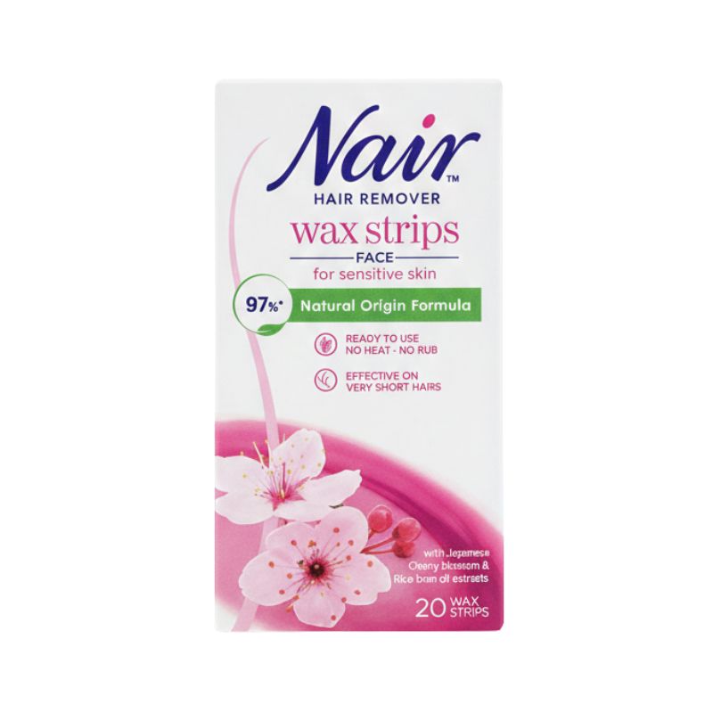 Nair Face Hair Remover Wax Strips for Sensitive Skin (20 Strips, Cherry Blossom & Rice Bran Oil)