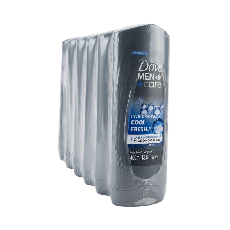 Dove Men+Care Cool Fresh Invigorating Body, Face & Hair Wash – 3-in-1 Formula with MicroMoisture™ (400ml / 13.5 fl oz) – Pack of 6