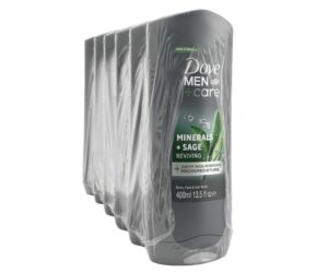 Dove Men+Care Minerals + Sage Reviving Body, Face & Hair Wash – 3-in-1 Formula with MicroMoisture™ (400ml / 13.5 fl oz) – Bulk Pack of 6