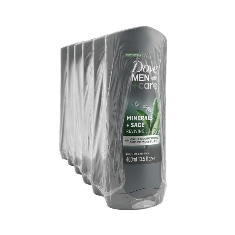 Dove Men+Care Minerals + Sage Reviving Body, Face & Hair Wash – 3-in-1 Formula with MicroMoisture™ (400ml / 13.5 fl oz) – Bulk Pack of 6