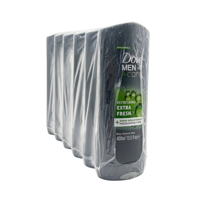 Dove Men+Care Extra Fresh Invigorating Body, Face & Hair Wash – 3-in-1 Formula with MicroMoisture™ (400ml / 13.5 fl oz) – Bulk Pack of 6